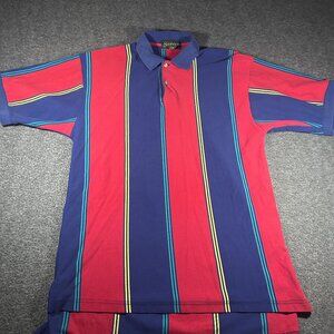 Vintage 80s Southport Red Blue Striped‎ Polo Shirt Adult Large 100% Cotton
